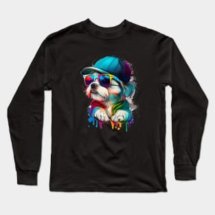 Colourful cool Malteser Terrier dog with sunglasses and Cap Long Sleeve T-Shirt